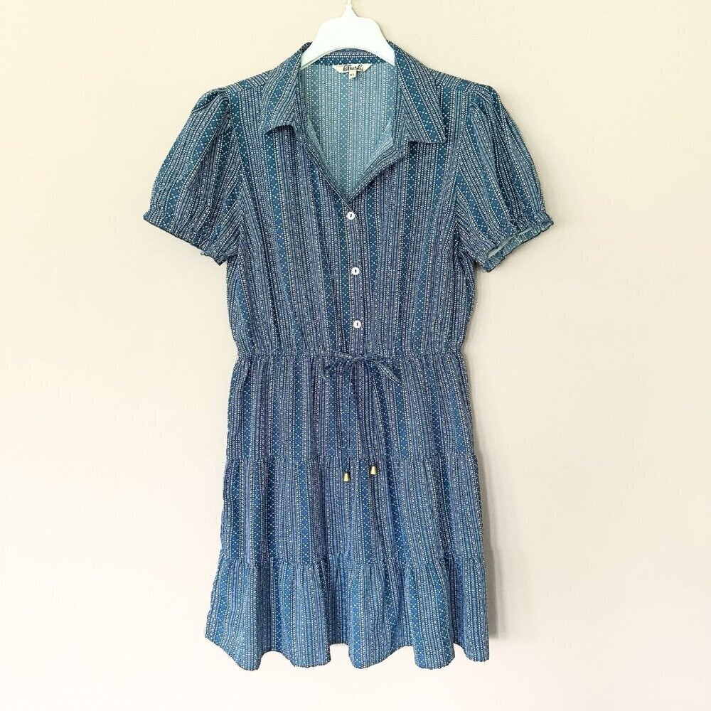 Women XL Coastal Cowgirl Shirt Dress Tiered Cottagecore Ruffle Blue Bandana Blue